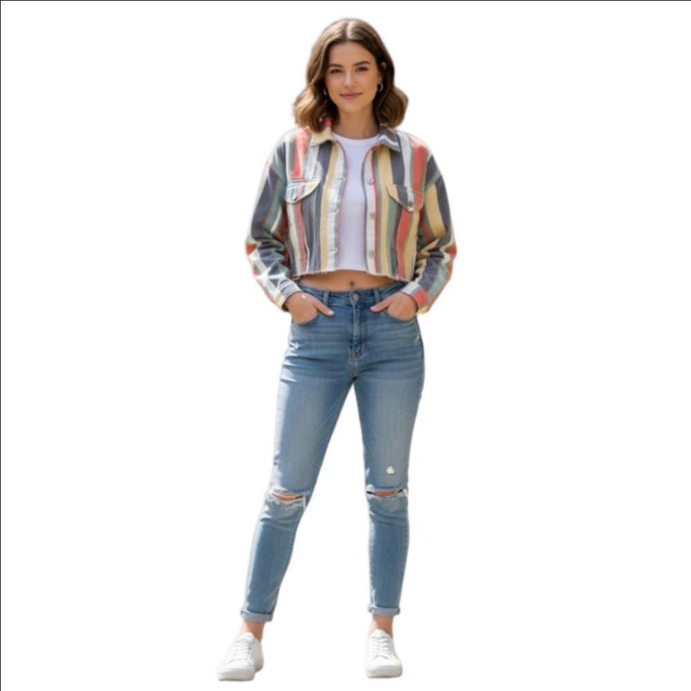 Multi colored Stripped Cropped Jean Jacket from Missguided